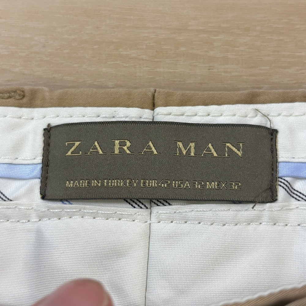 Zara Man Pleated Chinos Mens 32 Minimalist Cotton Stretch Tapered Khaki Tan - Picture 2 of 8